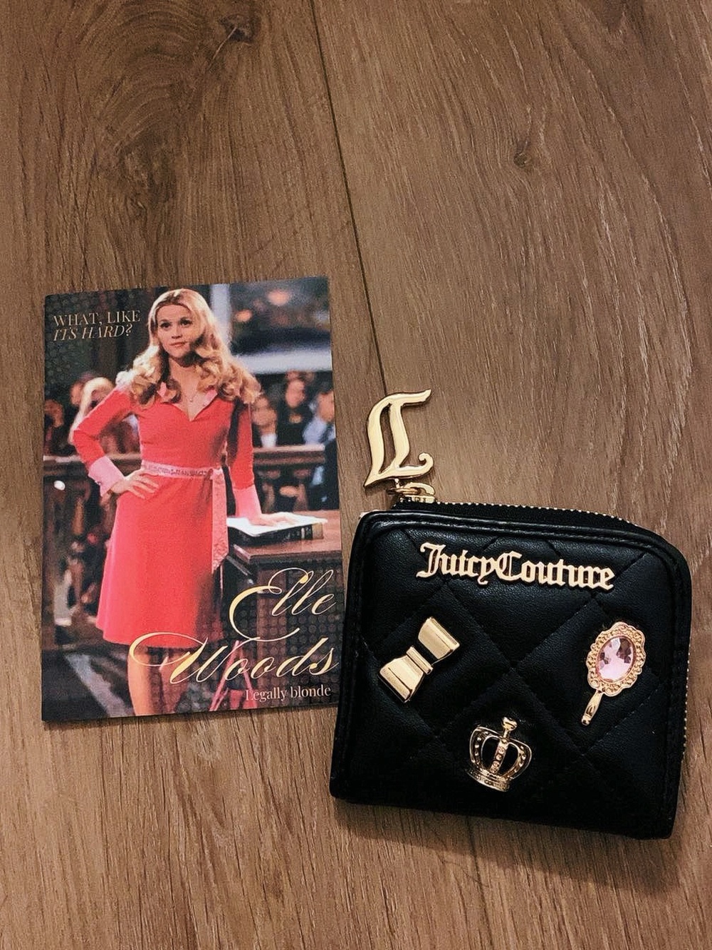 Juicy Couture Black Quilted Coin & Card Zip Wallet with Gold Charms